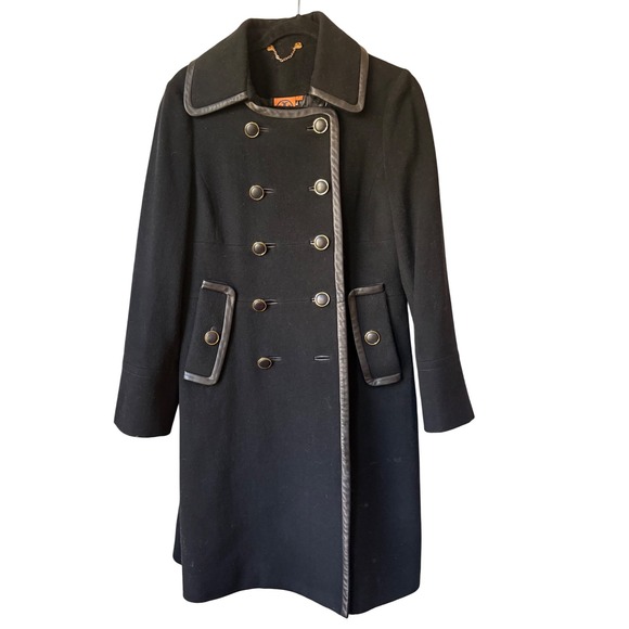 $998 TORY BURCH Wool Coat Leather Trim Double‎ Breasted Pea Coat Blk Jacket SZ 6 - Picture 1 of 7